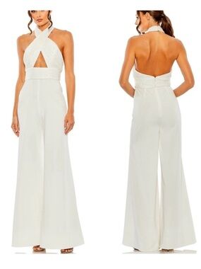 Mac Duggal White Sequined Cross Neck Halter Jumpsuit